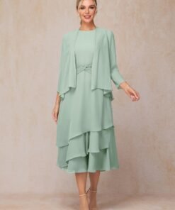 2 Pieces Tea Length Long Sleeves Chiffon Mother Of The Bride Dress