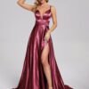 V-neck Side Slit Soft Satin Prom Dress with Trainning