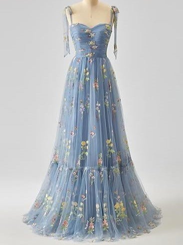 Elegant Spaghetti Straps A-line Floral Floor-length Prom Dress